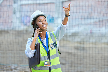 Image showing Engineer, construction worker or maintenance and development woman on a phone call while working. Building management employee or manager planning and consulting real estate building project outdoors