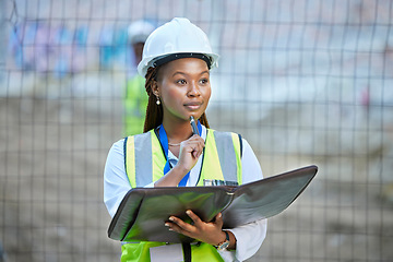 Image showing Construction worker, maintenance and development woman thinking with documents at work. Building management employee with a vision for improvement or plan for contractor or builder at the job site.