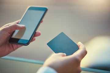 Image showing Customer hands online shopping on phone use credit card ecommerce internet payment, finance technology for bills. Woman make digital web store app purchase cashless transaction with plastic money.