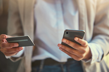 Image showing Credit card, money and phone banking with a woman doing online shopping or investment. Mobile, fintech and hands buying or payment or trading on stock market or finance and working on tech