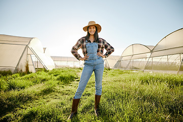 Image showing Greenhouse, agriculture farmer woman in proud and happy portrait with a vision for success and sustainable agriculture development. Sustainability and eco worker or entrepreneur farming in summer