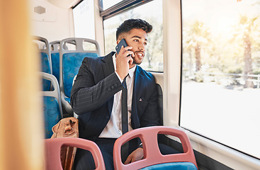 Image showing Phone, travel or communication with a business man talking and networking on a bus, public transport and commuting in a city. 5g mobile technology with a young worker having a conversation on a call