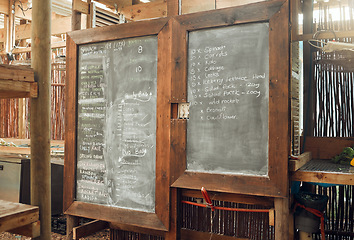 Image showing Supermarket or cafe kitchen planning blackboard, restaurant fridge food and cooking home dinner diet for coffee shop customers. Healthy grocery store shopping list, vegetables and bbq grill.