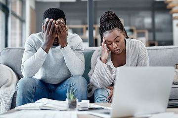 Image showing Stress, anxiety and worry with a young couple struggling with finance, debt and the home budget in the living room. Man and woman feeling negative and depressed with inflation and loan repayment