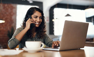 Image showing Freelance, entrepreneur or small business owner talking, networking and plans on a phone call while reading emails on a laptop. Female remote worker in a cafe or coffee shop with wireless technology