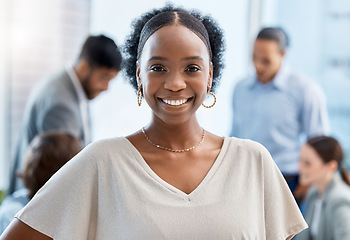 Image showing Business woman with smile at company office, leadership of teamwork and happy of planning for success at work. Portrait of face of a manager, employee or worker working in meeting and collaboration