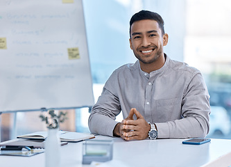 Image showing Corporate, accounting and business man with a smile ready to work on financial success. Investment cash accountability, b2b growth and growth strategy of a happy finance worker in a company office