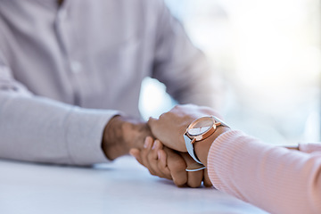 Image showing Cancer, trust and support holding hands, woman showing compassion and kindness after bad news. Female comfort male health crisis after results or diagnosis. United people show affection in hard time