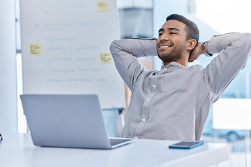 Image showing Success, happy and relax business man content on a work break at his office computer. Corporate fintech businessman professional thinking about a trading career idea, salary bonus or job promotion