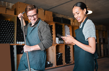 Image showing Digital tablet, wine production or farmer teamwork manufacturing or recycling fruit to alcohol. Sustainability agriculture workers, man or woman with smile and growth mindset for countryside vineyard