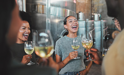 Image showing Celebration, champagne glasses and friends at wine tasting experience or celebrating success for about us hospitality homepage. Business people drinking luxury alcohol in winery business or industry