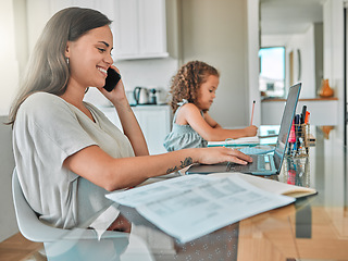 Image showing Work from home mom working her child learning and writing for school in a family dining room. Happy online freelance woman on a phone call typing an email on a computer with a smile at a family home