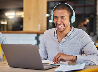 Image showing Laptop webinar, workshop training or zoom call meeting in cafe, restaurant or coffee shop with paper. Learning student or headphones man listening to video conference or mentor education presentation