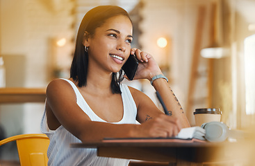 Image showing Writing, phone networking or cafe woman talking with customer for coffee shop or restaurant deal. Happy small business worker with smile, vision idea or motivation planning book schedule innovation