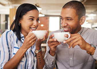 Image showing Romance, fun and coffee date with happy couple at a cafe or restaurant, bonding, in love and talking. Young boyfriend and girlfriend enjoying their relationship and free time on the weekend together