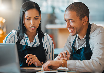 Image showing Waiter, laptop and cafe restaurant manager in small business meeting with employee for financial budget or inventory. Coffee shop, bakery worker planning or review marketing or advertising strategy