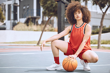 Image showing Basketball court, sports and black woman with fashion living a healthy, fitness and exercise culture lifestyle. Portrait of cool, swag and afro girl with wellness, natural beauty and empowerment