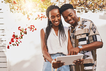 Image showing Digital influencer couple with tablet on social media app reading online notification or a funny internet post. Summer content creator, friends or in love people search for inspiration on a website