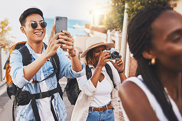 Image showing Happy photographer people on travel summer vacation or holiday for international tourism and lens flare. Young influencer or tourist man, woman and friends doing photography for social media branding