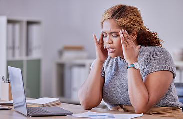 Image showing Headache, burnout and stress business woman or entrepreneur working with 404, anxiety and technology glitch in office laptop. Corporate employee an sad worker with mental health at desk.