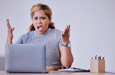 Image showing Stress, angry and frustrated corporate woman working on laptop, annoyed with glitch and slow internet. Office worker open mouth in shock, fail subscription cancel or system mistake, tech difficulty