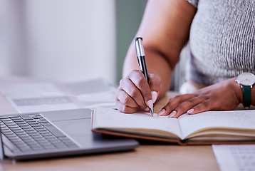 Image showing Project management, planning and woman with notebook and laptop for marketing or social media calendar with laptop schedule planner software. Hands of an office worker writing ideas, goals and plan