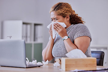 Image showing flu, covid and sick corporate employee suffering with a cold or flu, working on laptop, blow nose or sneezing in an office. Young assistant experience allergy, sinus, illness or disease symptoms