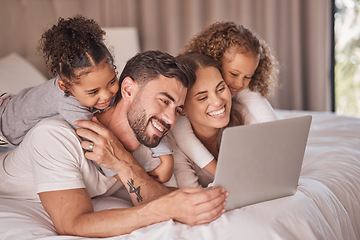 Image showing Happy family, laptop and kids enjoying live stream cartoon subscription on bed together with their mother and father. Caring young children watching movie or online tv while relaxing with mom and dad