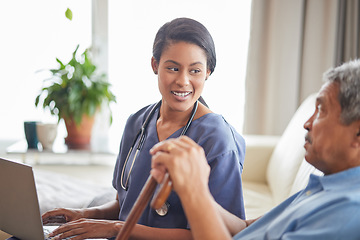 Image showing Nurse help senior man with internet and laptop on the sofa in a retirement home. Healthcare worker, caregiver or medical professional helping retired man with email and technology in the lounge