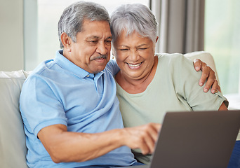 Image showing Elderly couple laptop on video call, social media or internet on their laptop on living room sofa. Relax senior man and woman watching or reading news, email or funny message online together at home