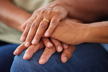 Image showing Support, cancer and trust by couple hands holding in love and comfort together in the hope of unity. Closeup of united people touching and showing compassion and care for a happy marriage