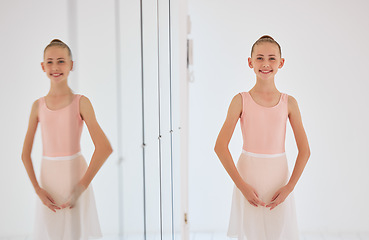 Image showing Young ballet dancer dancing in a dance studio or class and learning or training for performance and at school. Portrait of a happy, elegant and smiling little girl ballerina or child performing