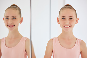 Image showing Ballet dancer happy at dance training, Girl with smile at school for dancing and learning creative art performance in room. Portrait of face of a ballerina student and girl in class at studio