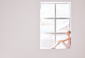 Image showing Ballet, smile girl on window of creative dance studio dreaming to become professional ballerina. Education, student and training child for art and fitness dancing in theater show performance