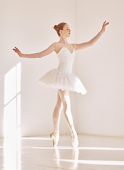 Image showing Professional dancer woman in ballet dance studio, art school for performance in class with mockup white background. Young student in art school dancing in a princess fashion design with sunshine