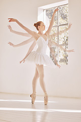 Image showing Ballet, arms and creative ballerina doing a flying spin technique in modern dance studio. Woman dancer with swan cgi training for art theater performance. Classical athlete dancing with wings motion.