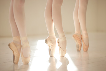 Image showing Ballet dance woman legs in studio training, exercise and working on performance for competition. Ballerina shoes, teamwork and creative art academy school students learning dancing routine