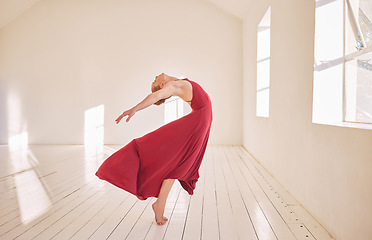 Image showing Freedom, energy and ballet or ballroom dancer training in dance studio, stretching and passionate dancing. Active performance from a flexible woman practice routine rehearsal of classical expression