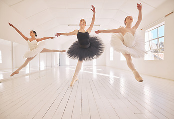Image showing Training, ballet theater and dance studio with women learning with teacher a creative art performance. Beauty, motivation and fitness student ballerina, dancing to practice for stage show.