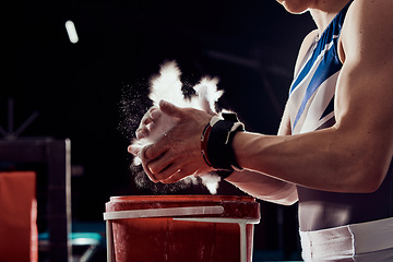 Image showing Gym, fitness and training, chalk on hands for weight lifting or cross bar gymnastics. Motivation and wellness, a strong man with muscles. Magnesium dust to support workout, strength to win.