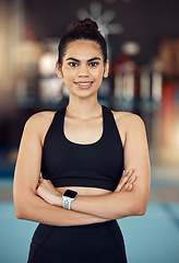 Image showing Happy training woman in gym, wellness athlete and exercise fitness. Healthy motivation portrait, sportswear equipment and slim person standing proudly and confident after cardio workout