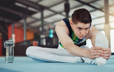 Image showing Motivation, fitness and sports athlete training in exercise gym for active and health support. Workout, wellness and health trainer getting ready and stretching for dance or cardio performance