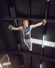 Image showing Fitness, sports and gymnastics man training on rings for strong arms, balance and power for his high energy exercise. Sports, body and young male athlete doing routine, flexible and agility workout