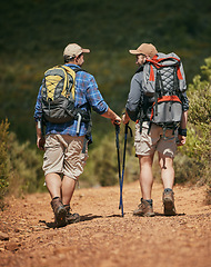 Image showing Fitness, nature hiking and exercise of friends on mountain workout in forest park on summer day.Walk adventure, active and fit sport men trekking in green grass trees hike or foot path track