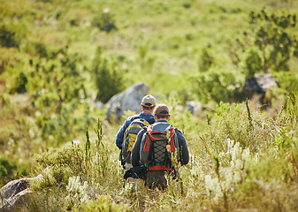 Image showing Men hiking green nature or a forest on a sunny summer day near trees and field. Active and fitness friends trekking or walking while on an adventure in the woods in a sustainable ecology environment