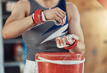 Image showing Hands of gymnastics woman with chalk to work on training, fitness and exercise or workout. Gymnast with grip support help at sports competition event in a gym with motivation, goal and winner mindset