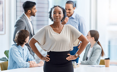 Image showing Leadership, motivation and corporate black woman leader in a business meeting with happy team in office. Power female leading discussion of goal or mission, sharing strategy and planning with vision