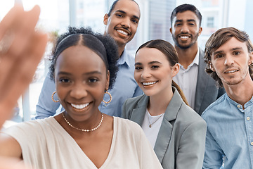 Image showing Diversity, team and selfie of happy business people or friends together in unity at the office. Portrait of fun, playful and smile corporate group of professional employee workers in the workplace.