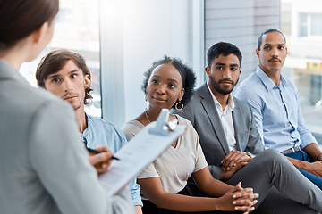 Image showing Recruitment, hiring and future business people in job interview waiting in line for human resources in office. Application, hr and vacancy search for diversity new job or job seeking resume in queue