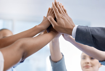 Image showing Hands of corporate team in diversity, partnership and solidarity for success ,collaboration at office. Group of global business people, business staff or company people on our vision management goal